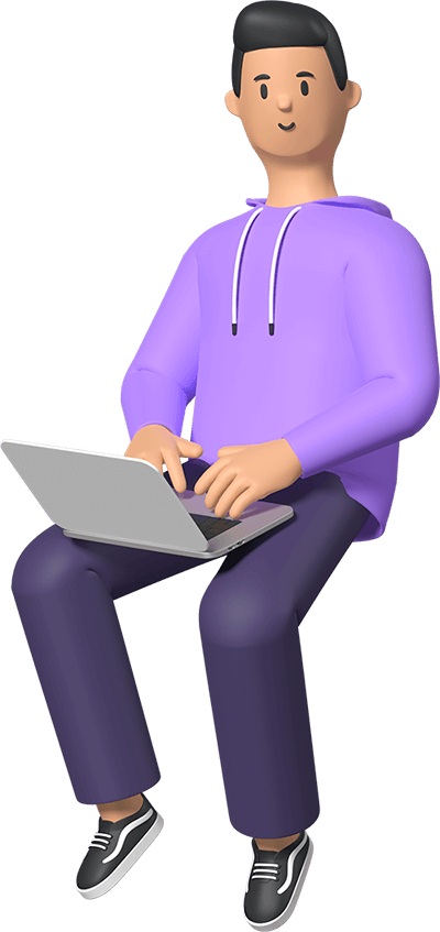 a clean shaved boy, with hoodie, pant and shoe, is siting in a invisible chair and using his laptop to give a pose